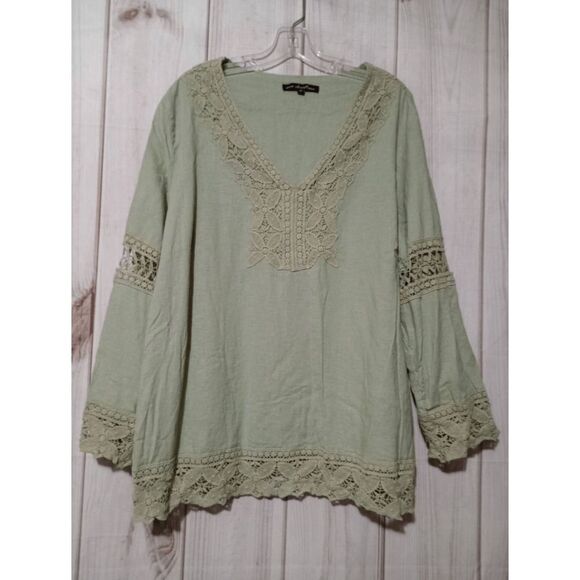 Ava Christine Shirt Ladies 3x Green Linen Blend Long Sleeve V-Neck Light Weight - Picture 1 of 8